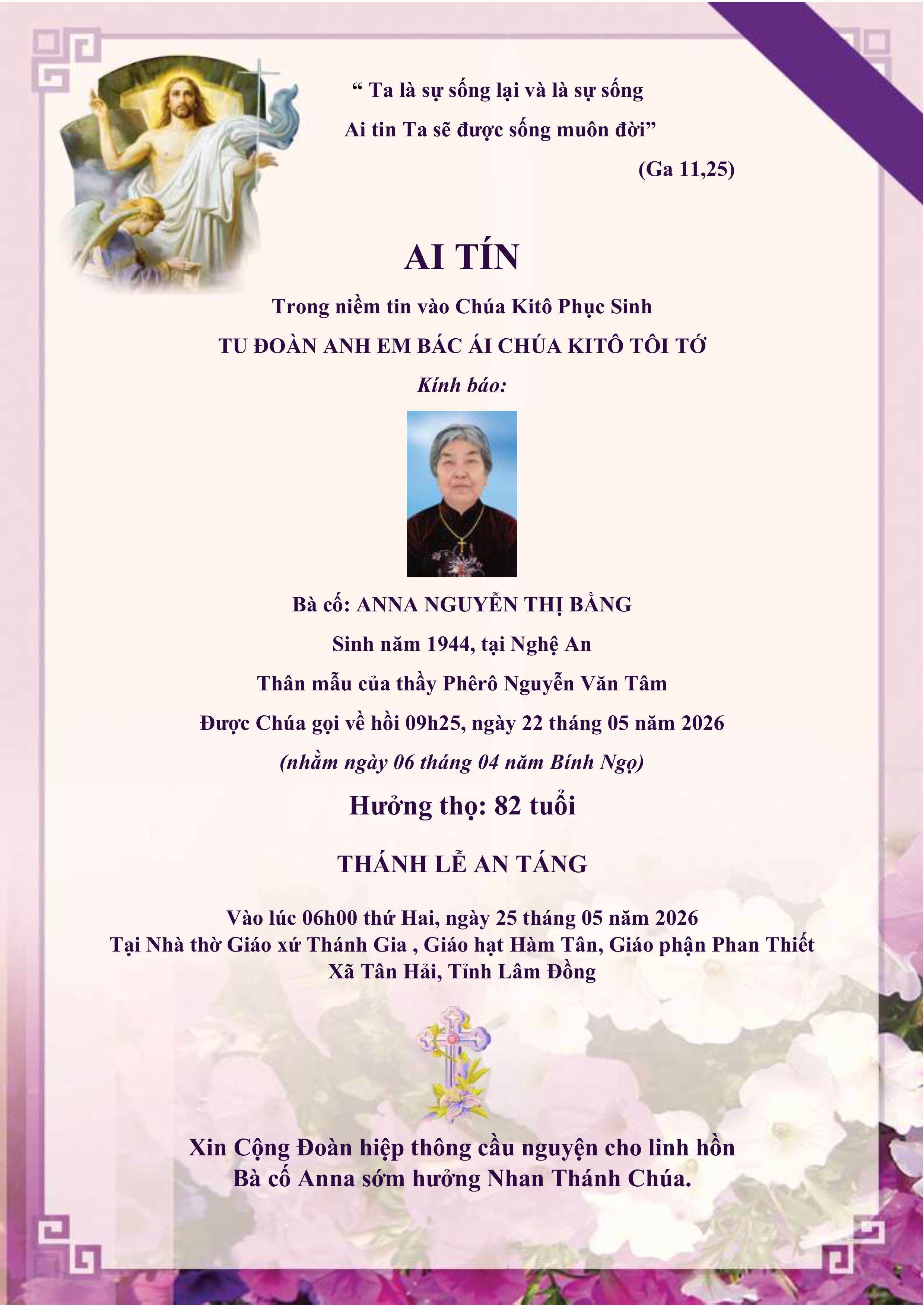 AI TÍN BÀ CỐ ANNA NGUYỄN THỊ BẰNG